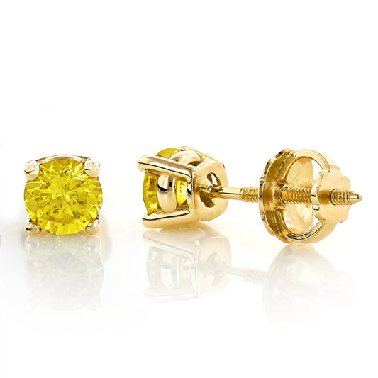 Round Canary Yellow 1 Carat Diamond 14K Screw Back Earrings