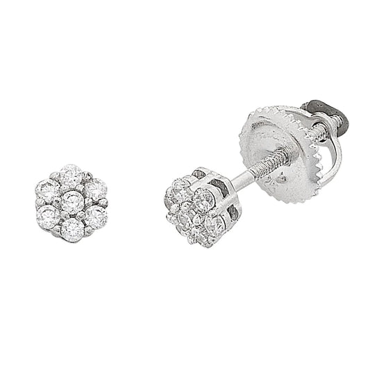 White Diamond Flower 14K Stud Screw Back Earrings